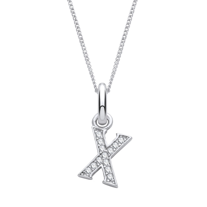 Sterling Silver & Cubic Zirconia Letter X with a 1mm Sterling Silver Curb Chain