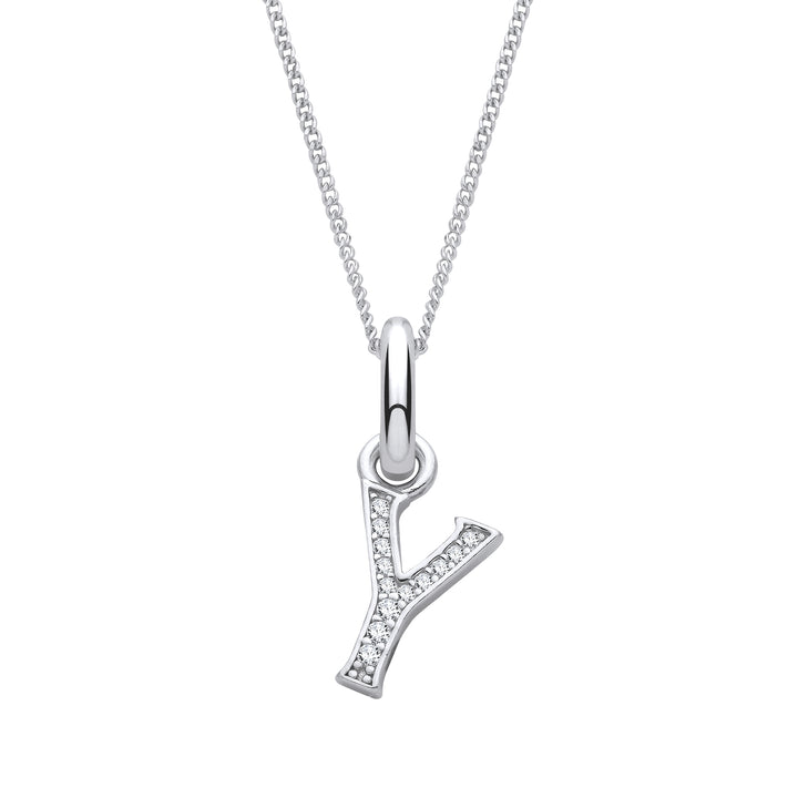 Sterling Silver & Cubic Zirconia Letter Y with a 1mm Sterling Silver Curb Chain