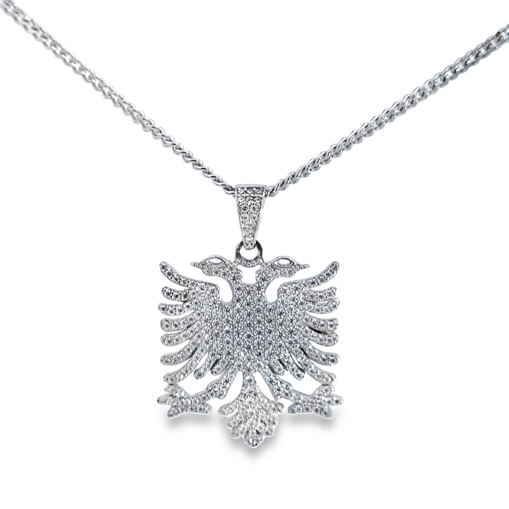 STERLING SILVER AND CUBIC ZIRCONIA ALBANIAN EAGLE PENDANT AND CHAIN