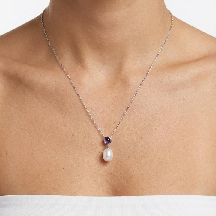Sterling Silver Pearl & Amethyst Drop Necklace.