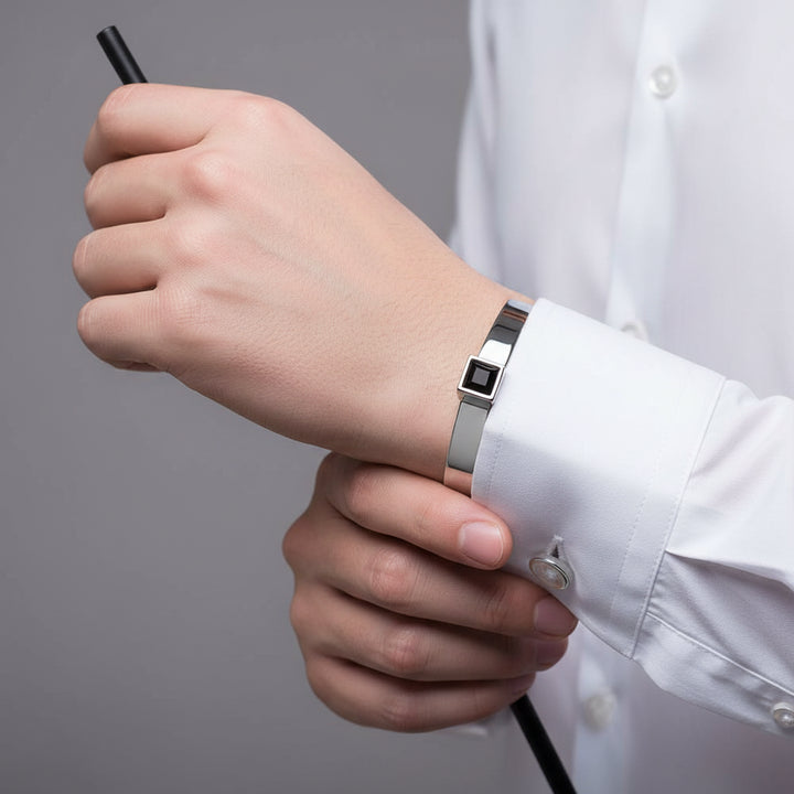 Model wearing Brass & Rhodium Plated Black Rope Cufflinks