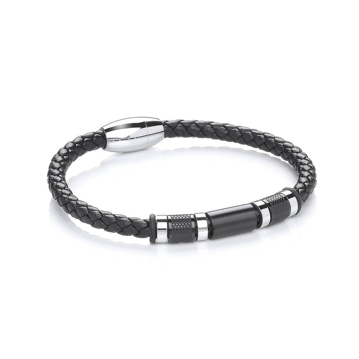 Stainless Steel Black Bead Braided Vegan Leather Bracelet
