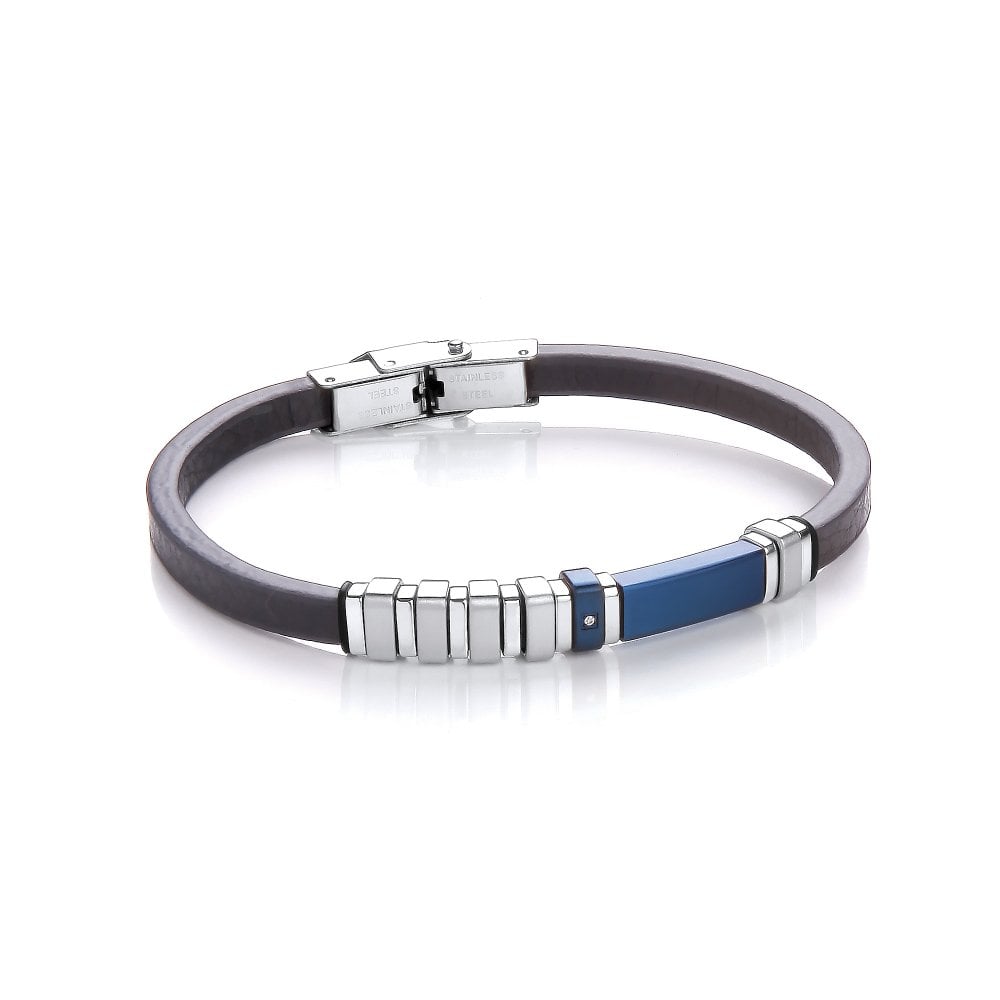 Stainless Steel Blue Vegan Leather Beaded Bracelet