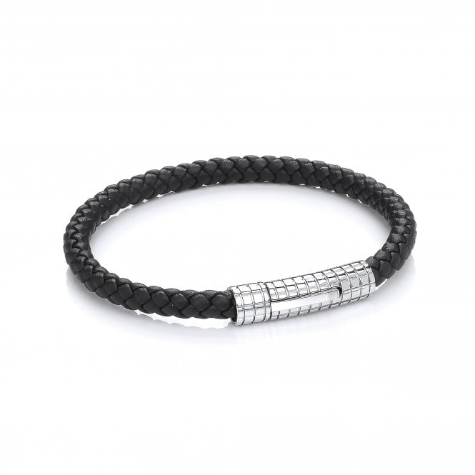 Stainless Steel Braided Black Vegan Leather Bracelet