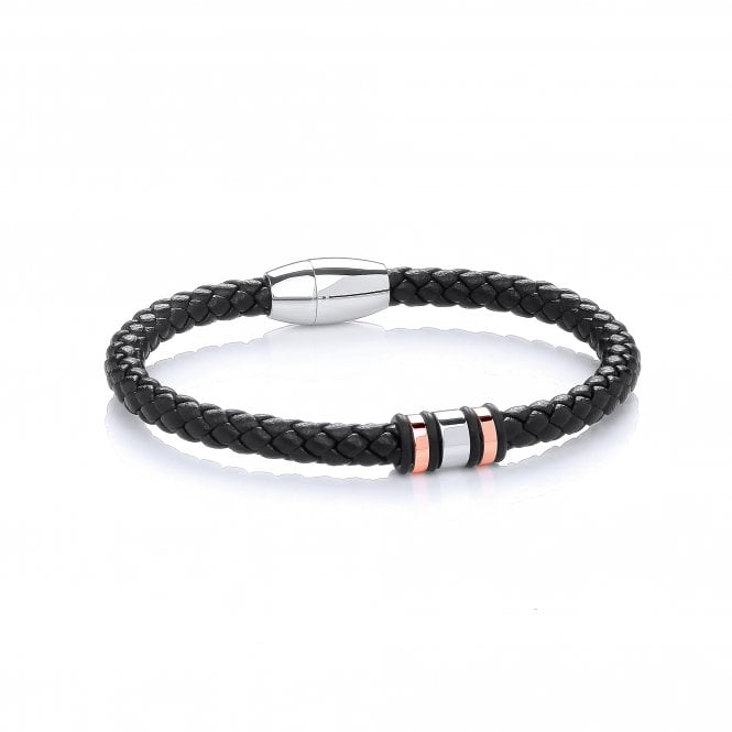 Stainless Steel Rose Gold Plaited Leather Bead Bracelet