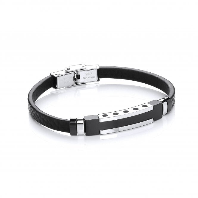 Stainless Steel Vegan Leather Black Tag Bracelet