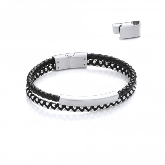 Stainless Steel Vegan Leather Paracord Style Double Bracelet