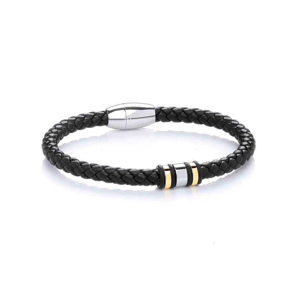 Stainless Steel Yellow Gold Plaited Leather Bead Bracelet