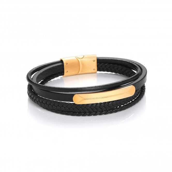 Stainless Steel Yellow Gold Vegan Leather Multilayer Bracelet