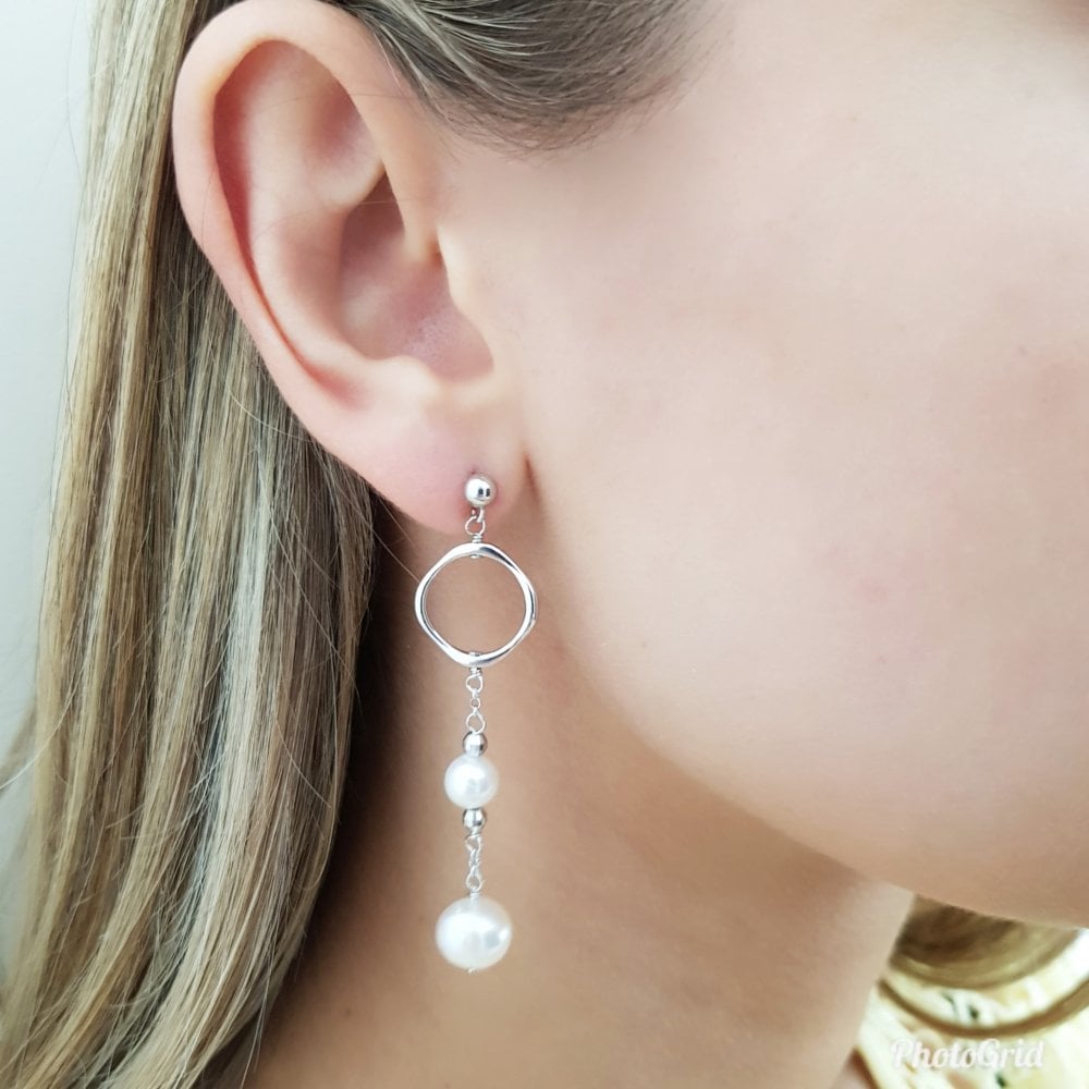 Sterling Silver Circle Pearl Drop Earrings