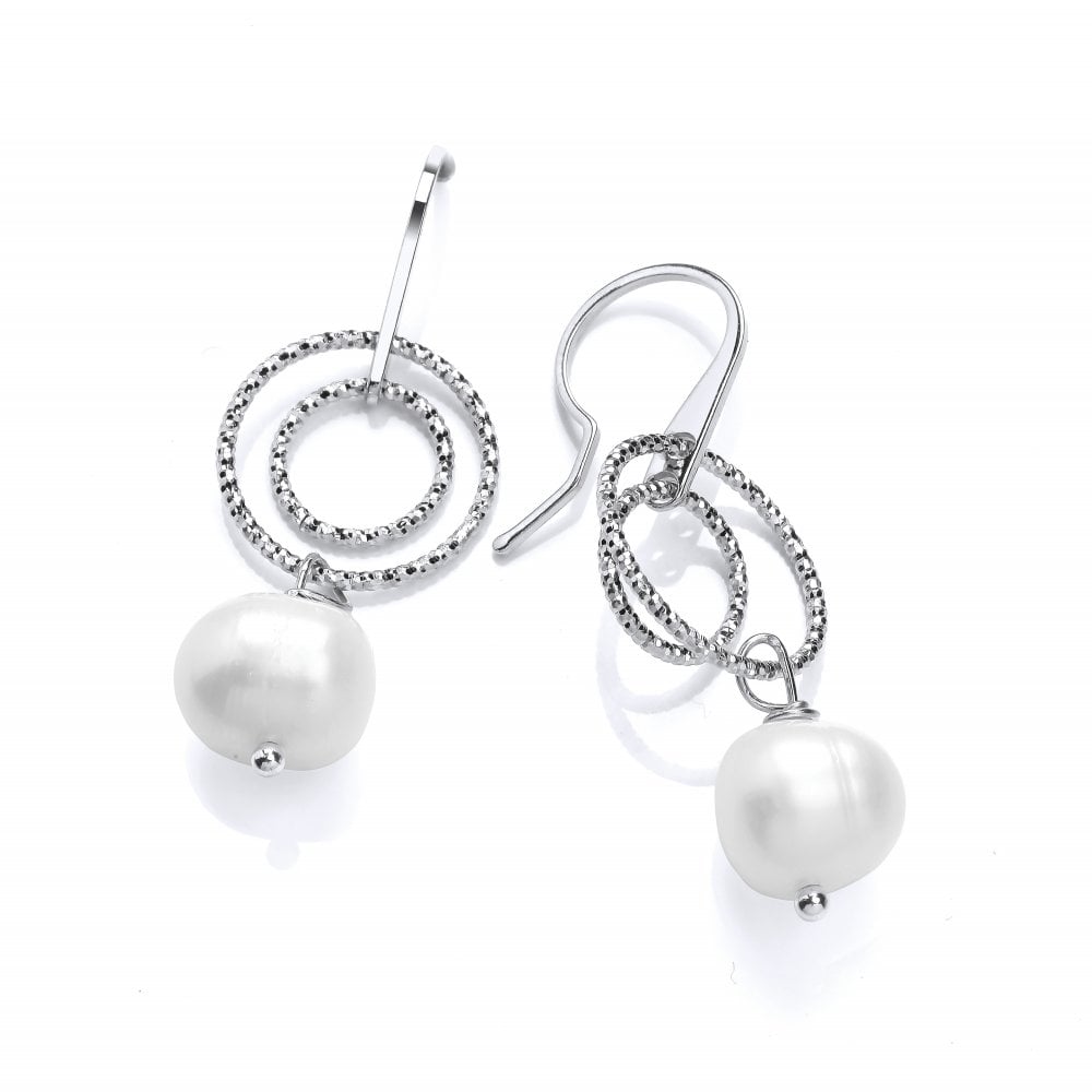 Sterling Silver Diamond Cut Double Circle & Pearl Drop Earrings