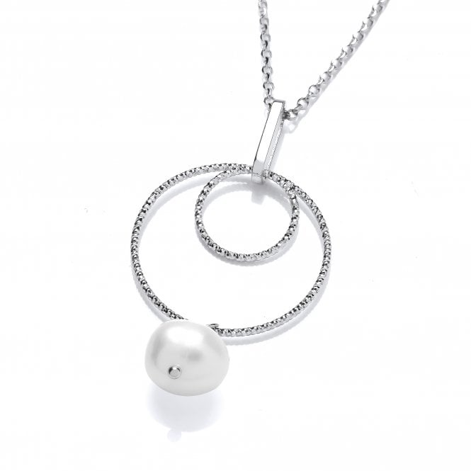 Sterling Silver Diamond Cut Double Circle & Pearl Drop Necklace