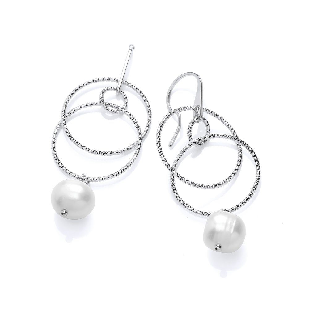 Sterling Silver Diamond Cut Hanging Hoops Pearl Drop Earrings