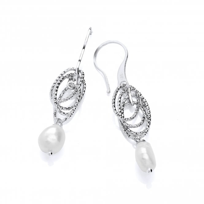 Sterling Silver Diamond Cut Oval Hoops Pearl Drop Earrings