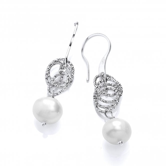 Sterling Silver Diamond Cut Swinging Circles Pearl Drop Earrings