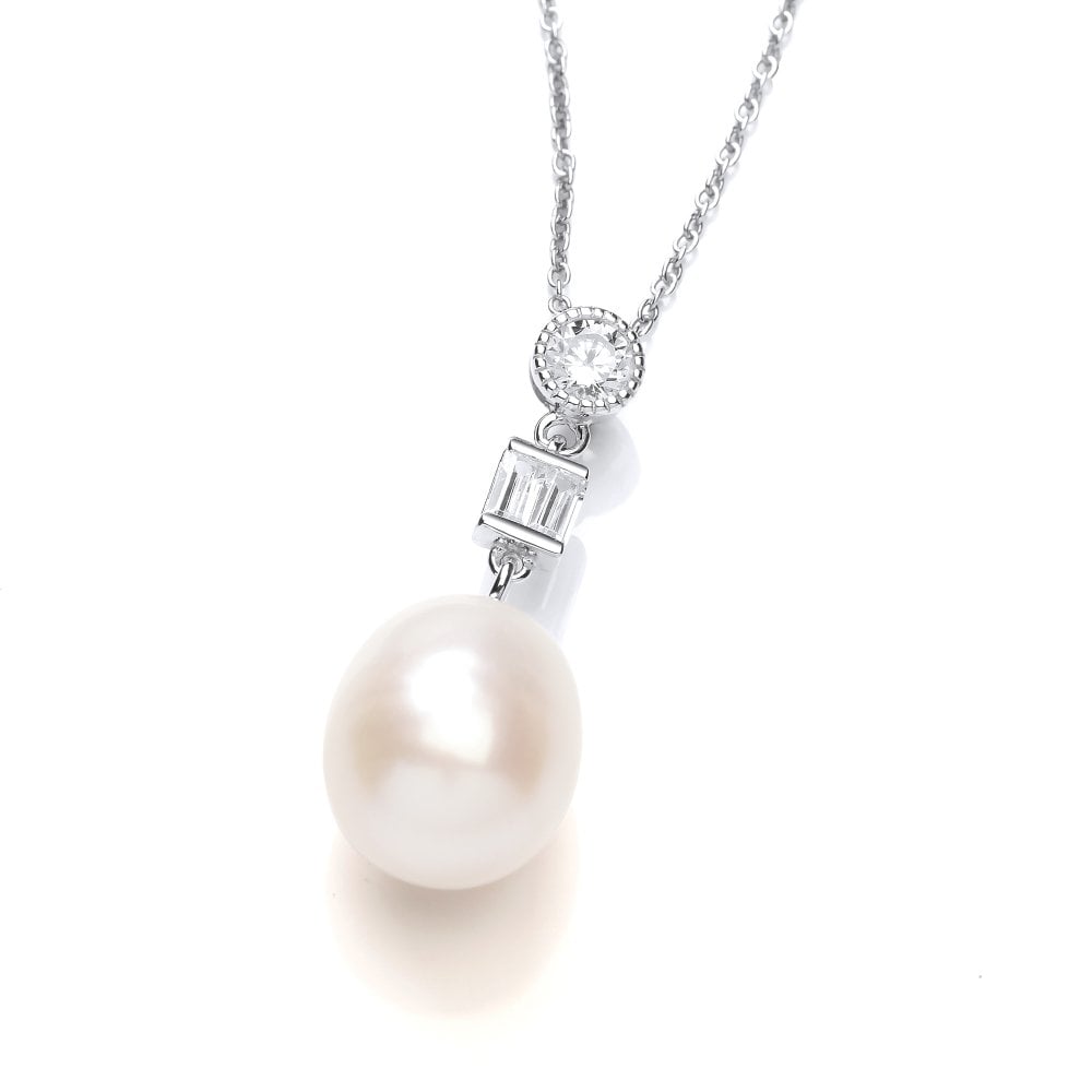 Sterling Silver Freshwater Pearl Art Deco Style Pendant & Chain