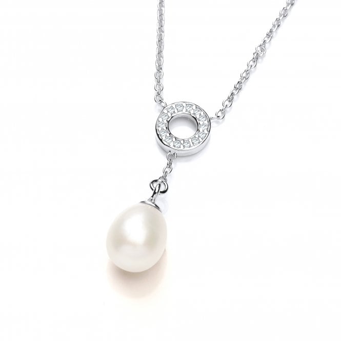 Sterling Silver Freshwater Pearl CZ Circle & Drop Necklace