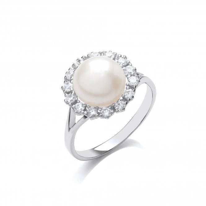 Sterling Silver Freshwater Pearl CZ Flower Cluster Ring