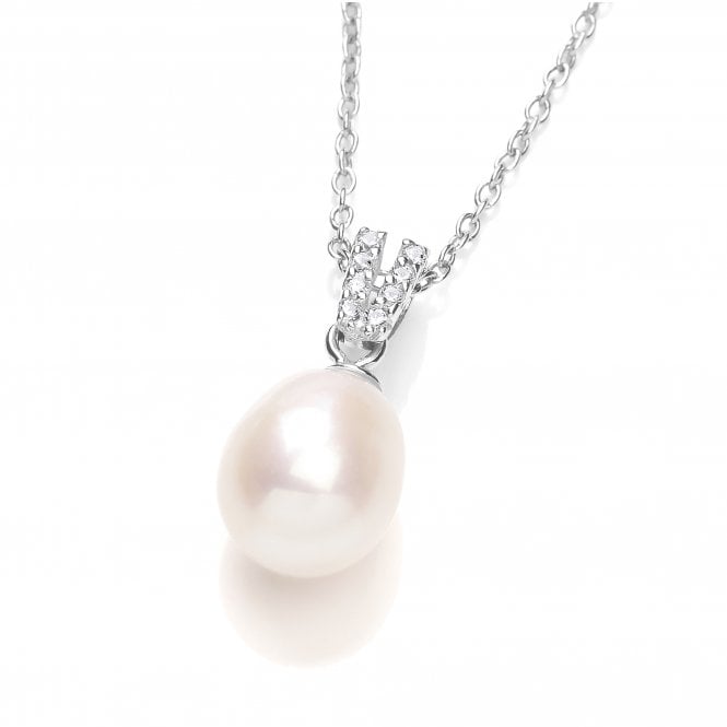 Sterling Silver Freshwater Pearl CZ Pave Set Pendant & Chain