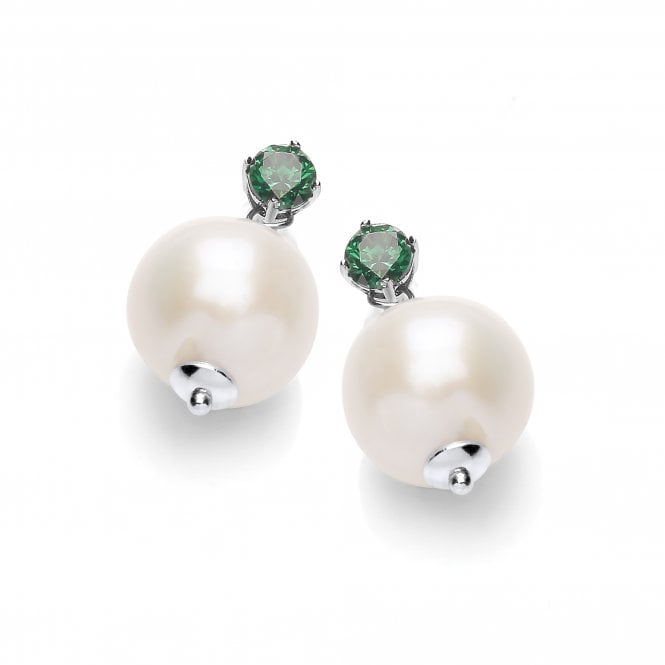 Sterling Silver Freshwater Pearl Green Cubic Zirconia Drop Earrings