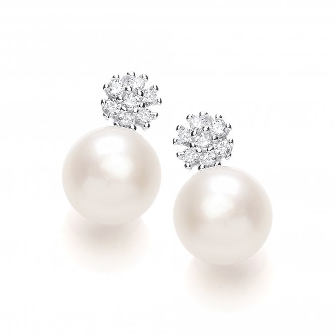 Sterling Silver Freshwater Pearl Small CZ Cluster Stud Earrings