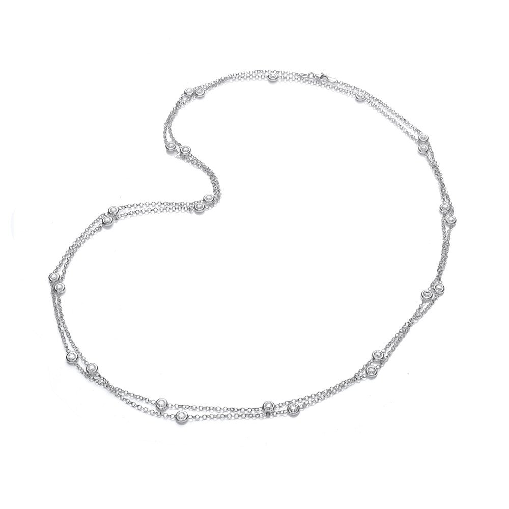 Sterling Silver Interspersed Cubic Zirconia Long Chain Station Necklace