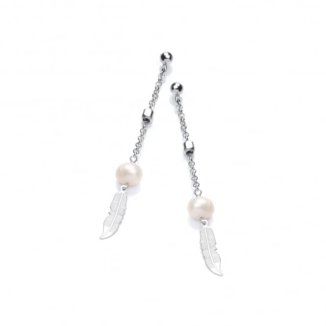 Sterling Silver & Pearl Feather Drop Earrings