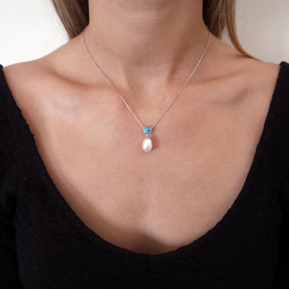 Sterling Silver Pearl & Turquoise Drop Necklace