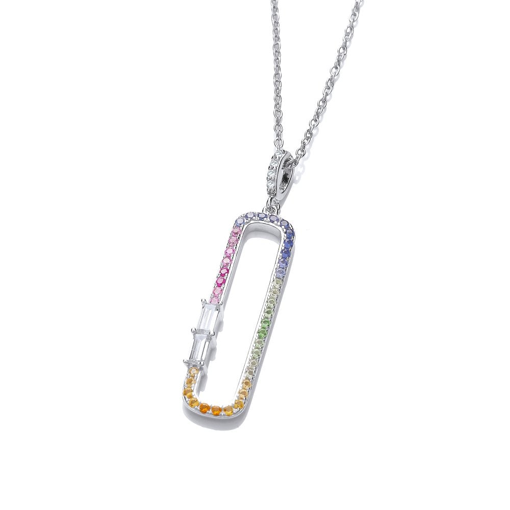 Sterling Silver Rainbow Oblong Drop Pendant & Chain