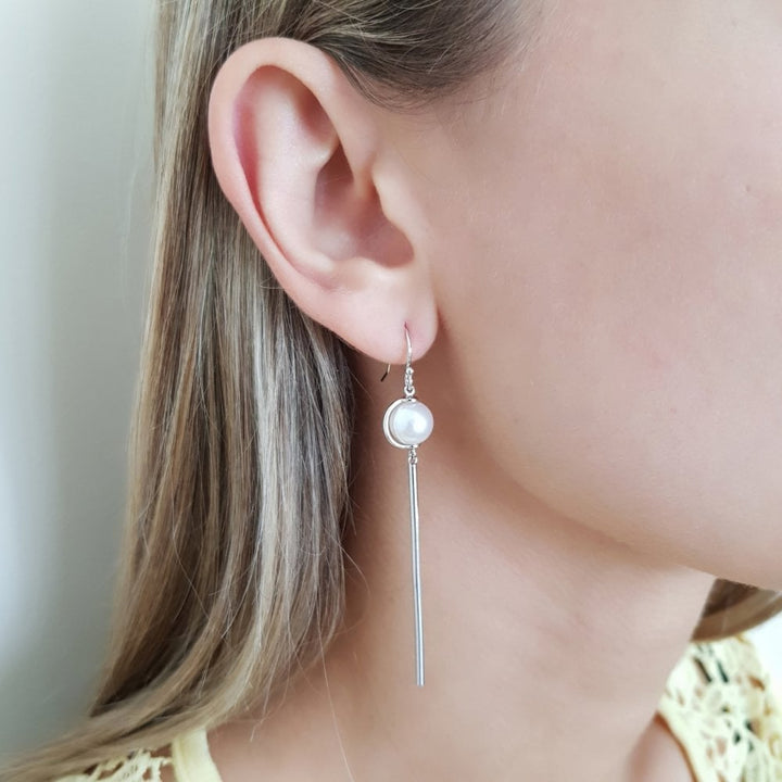 Sterling Silver Suspended Pearl Long Drop Earrings