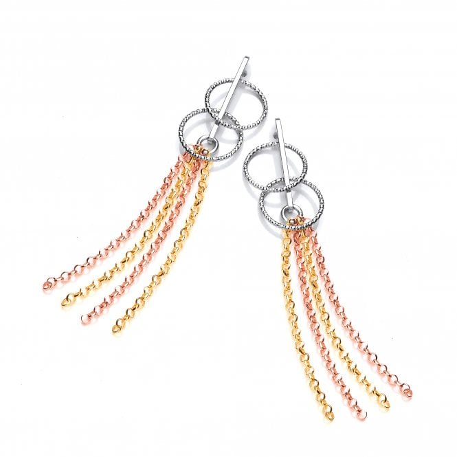 Sterling Silver Tricolour Diamond Cut Circles & Chains Drop Earrings