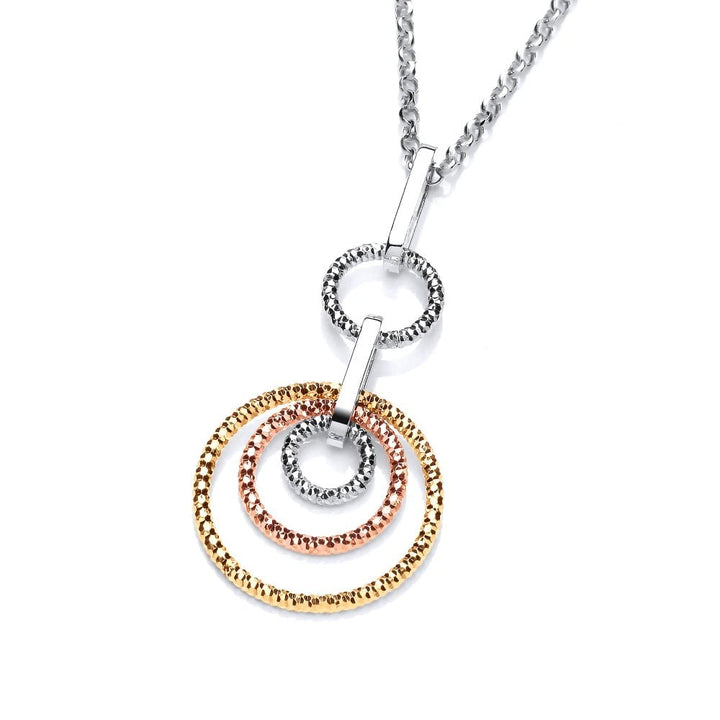Sterling Silver Tricolour Diamond Cut Rings Double Drop Necklace