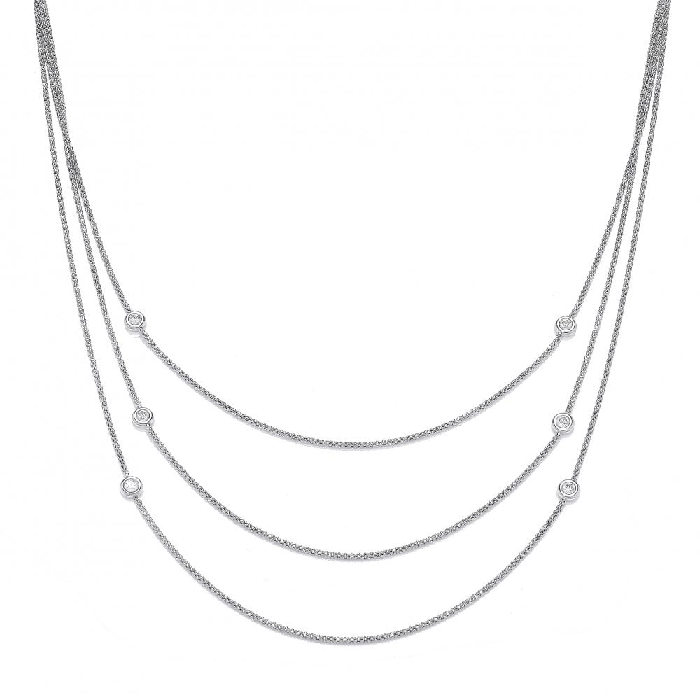 Sterling Silver Triple Chain Cubic Zirconia Necklace