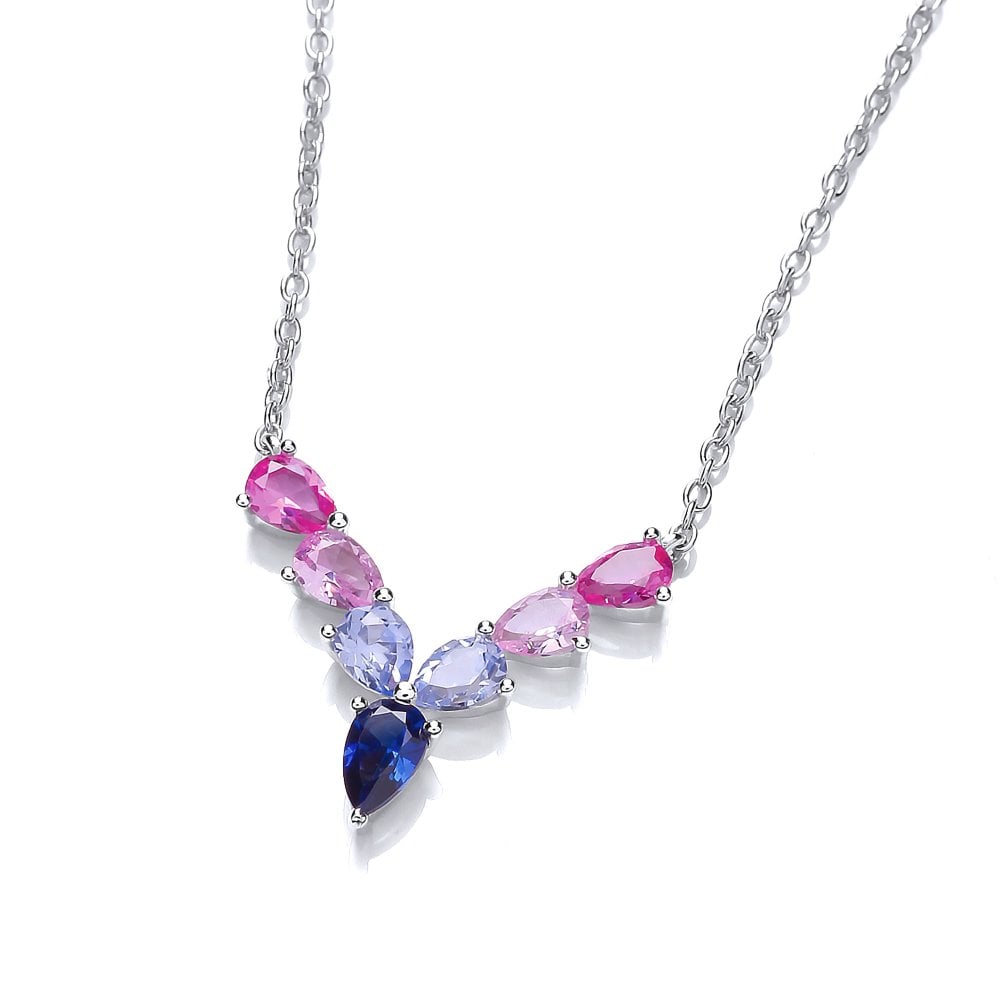 Sterling Silver V Shaped Pink & Blue Necklace