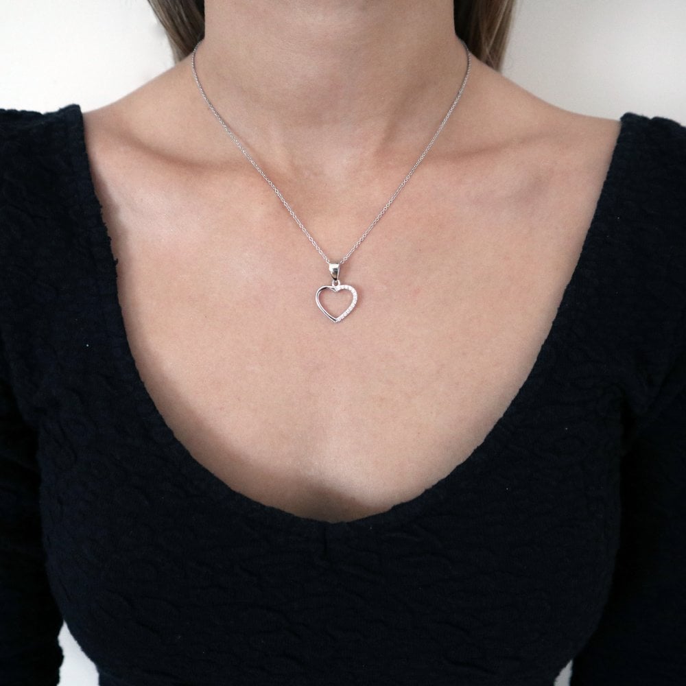 Sterling Silver Classic Hollow Heart Pendant & Chain Created with Swarovski Zirconia