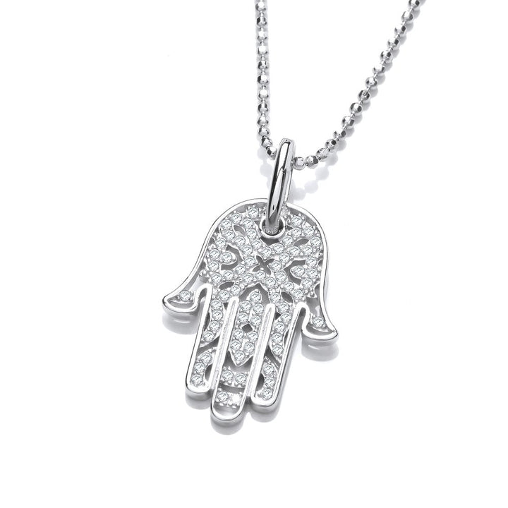 Sterling Silver Detailed Hamsa Hand Necklace Created with Swarovski Zirconia