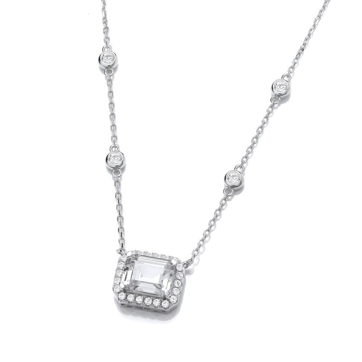 Sterling Silver Emerald Cut Halo Necklace
