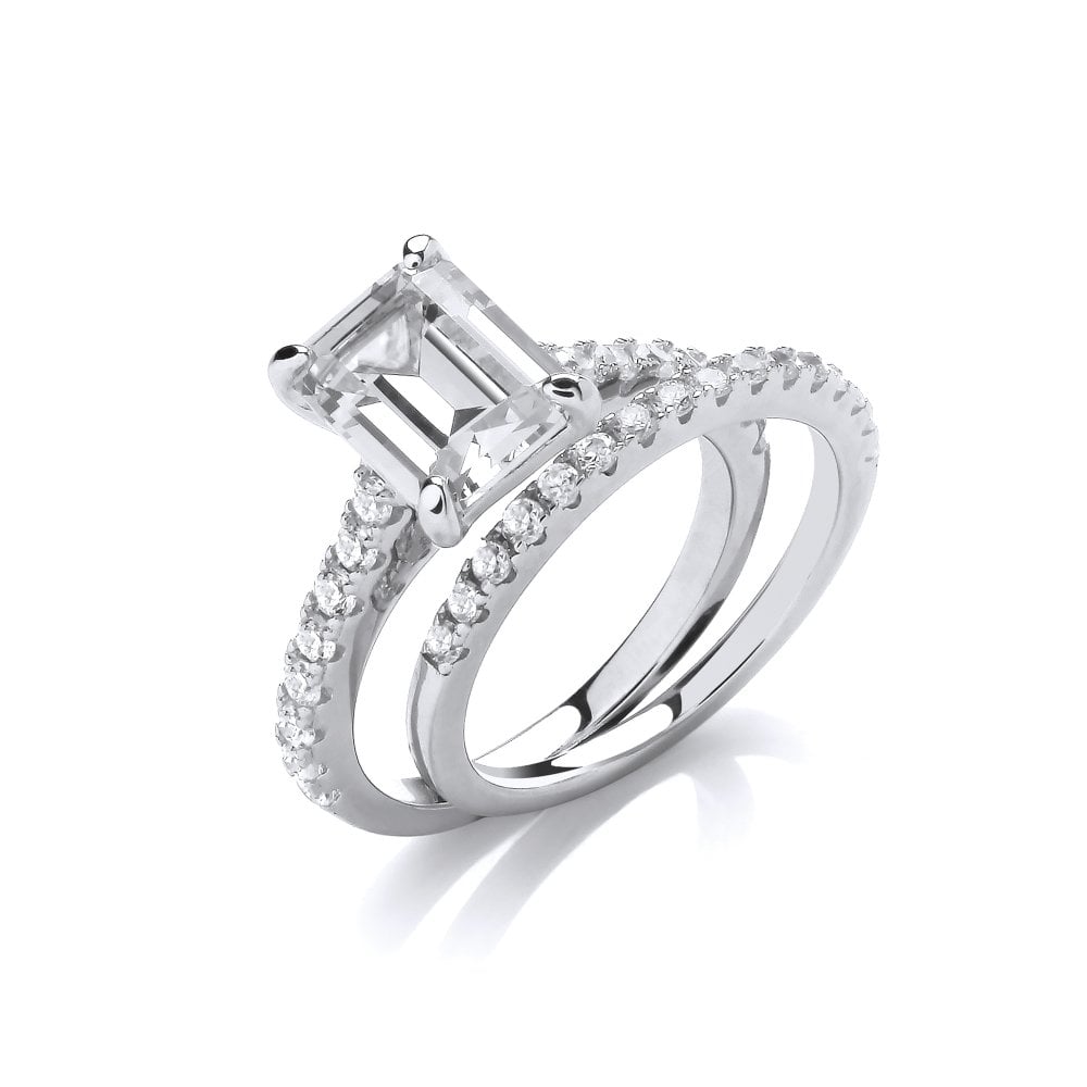 Sterling Silver Emerald Cut Solitaire & Eternity Ring Set