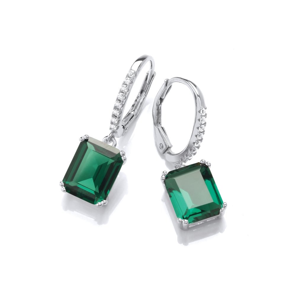 Sterling Silver Green Emerald Cut Drop Earrings