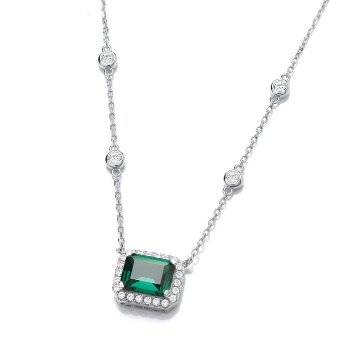 Sterling Silver Green Emerald Cut Halo Necklace