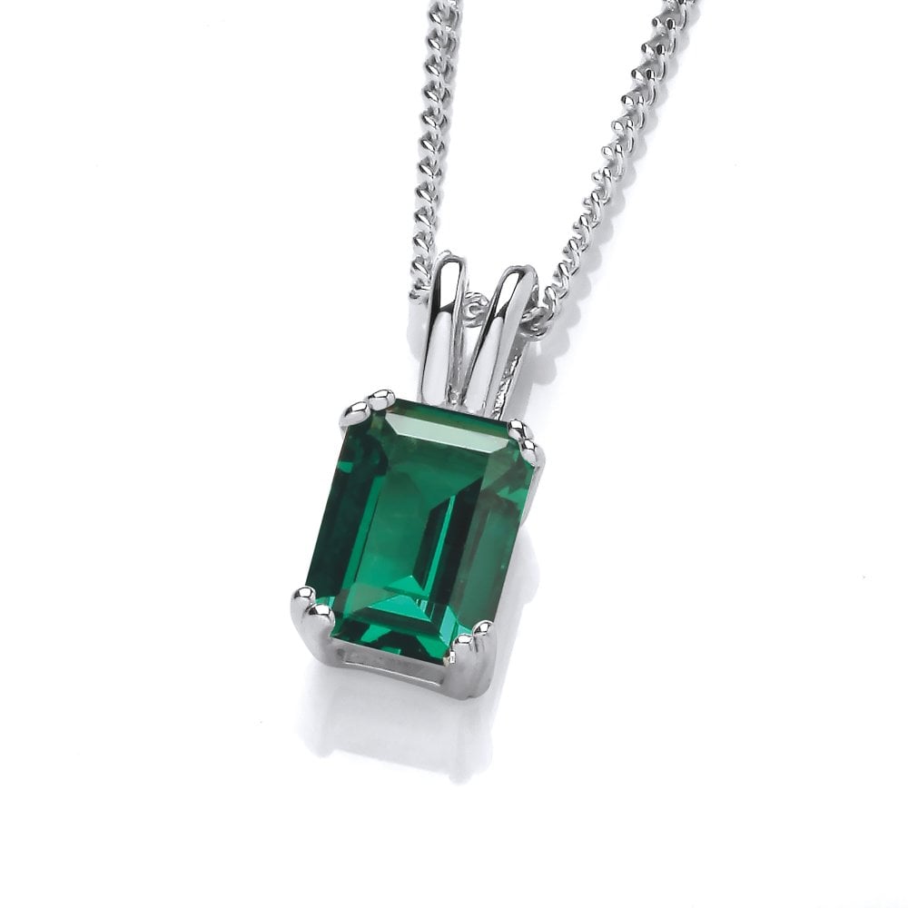Sterling Silver Green Emerald Cut Pendant & Chain