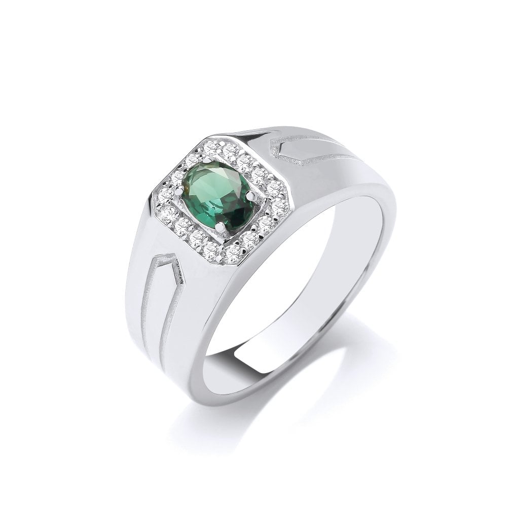 Sterling Silver Green Oval CZ Signet Style Ring