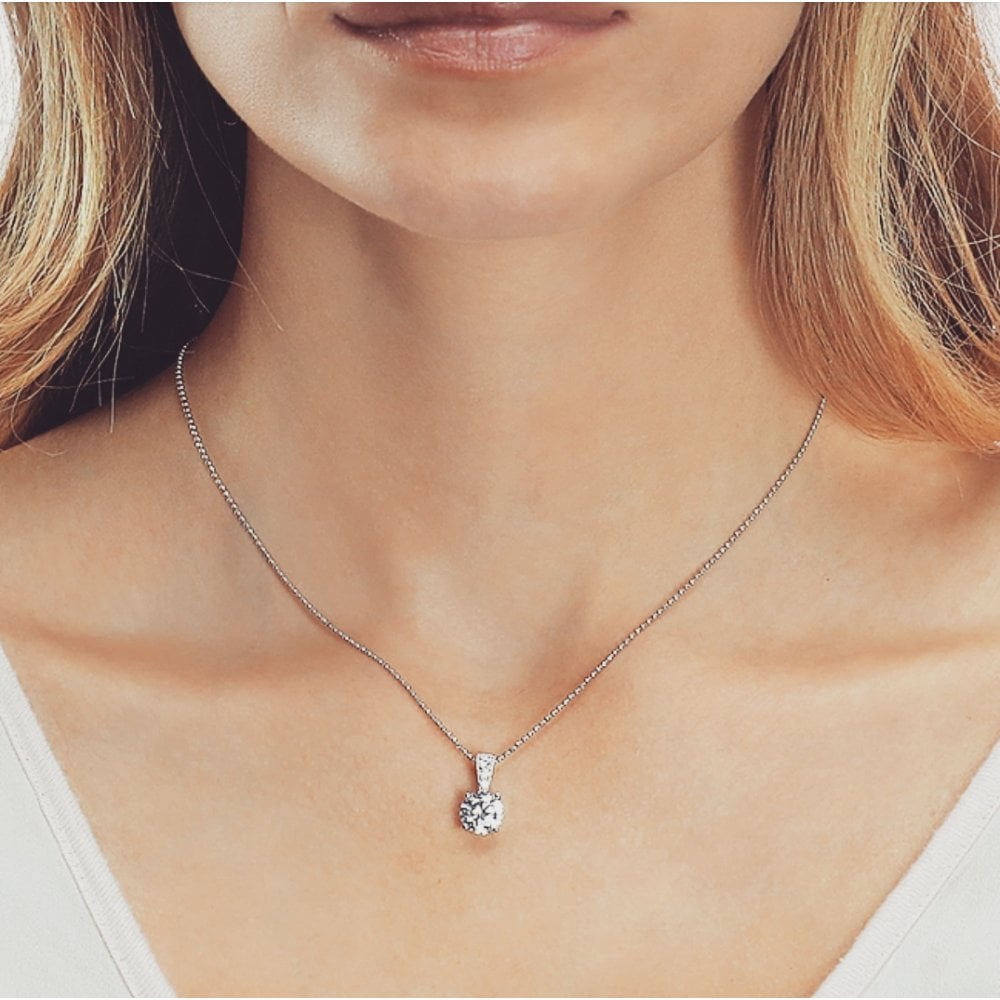 Sterling Silver Ornately Set Solitaire Pendant & Chain Created with Swarovski Zirconia