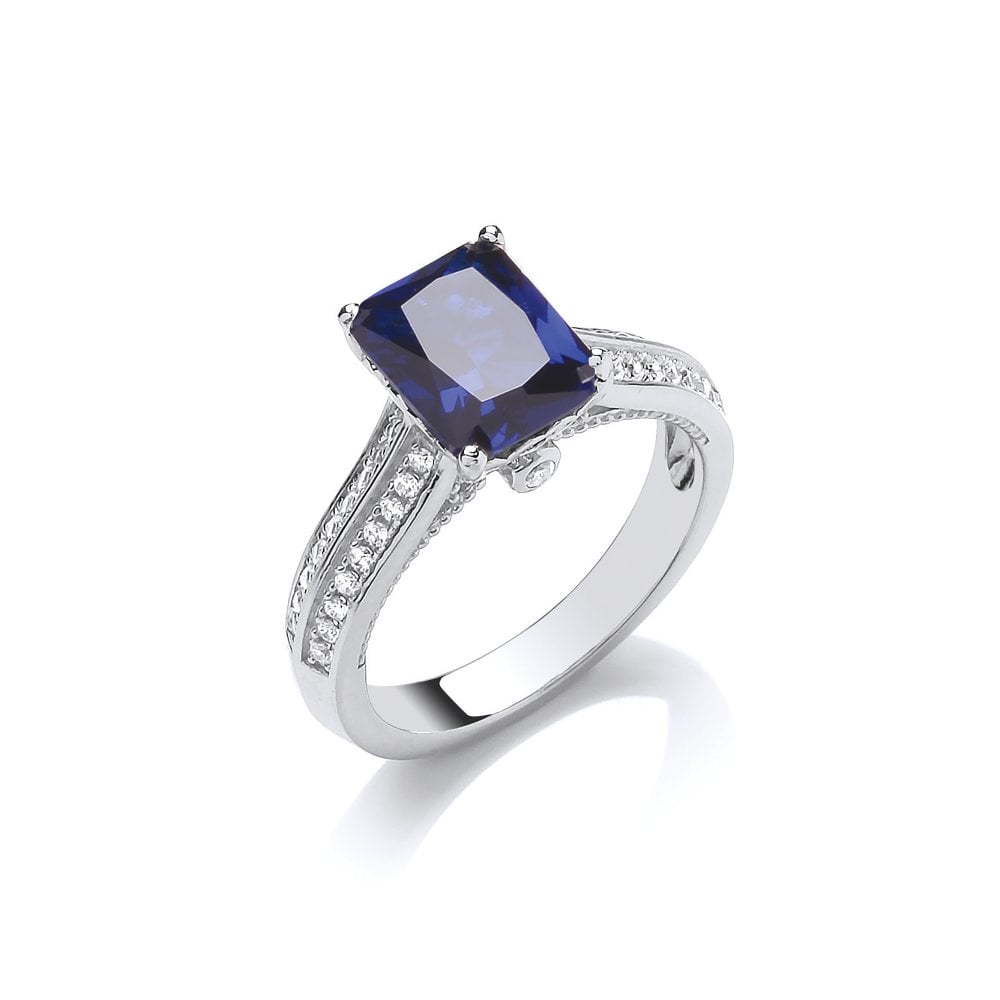 Sterling Silver Shoulder Set Blue Solitaire Ring Created with Swarovski Zirconia