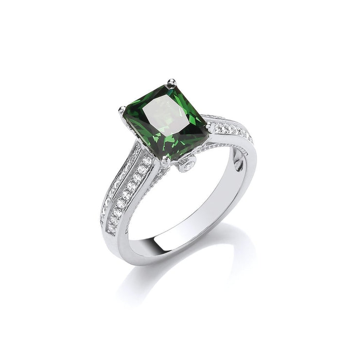Sterling Silver Shoulder Set Green Solitaire Ring Created with Swarovski Zirconia