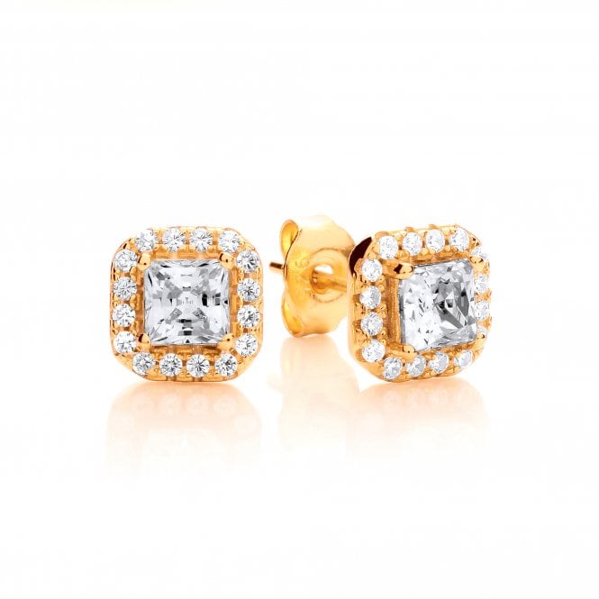 Sterling Silver Yellow Gold Plated Square Cluster Earrings Created with Swarovski Zirconia